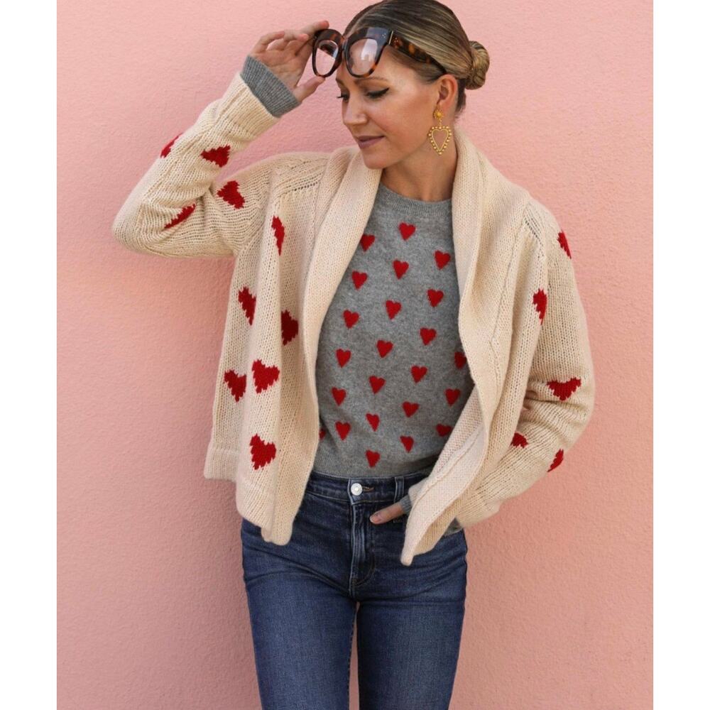 THE GREAT. Cream Heart Cardigan with Red Heart Motif
